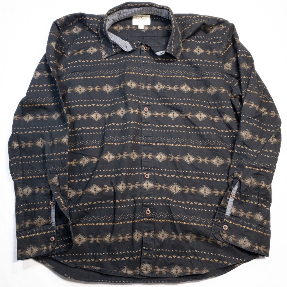 American Eagle Boys XL Black Aztec Southwestern Print Button Down Shirt Soft